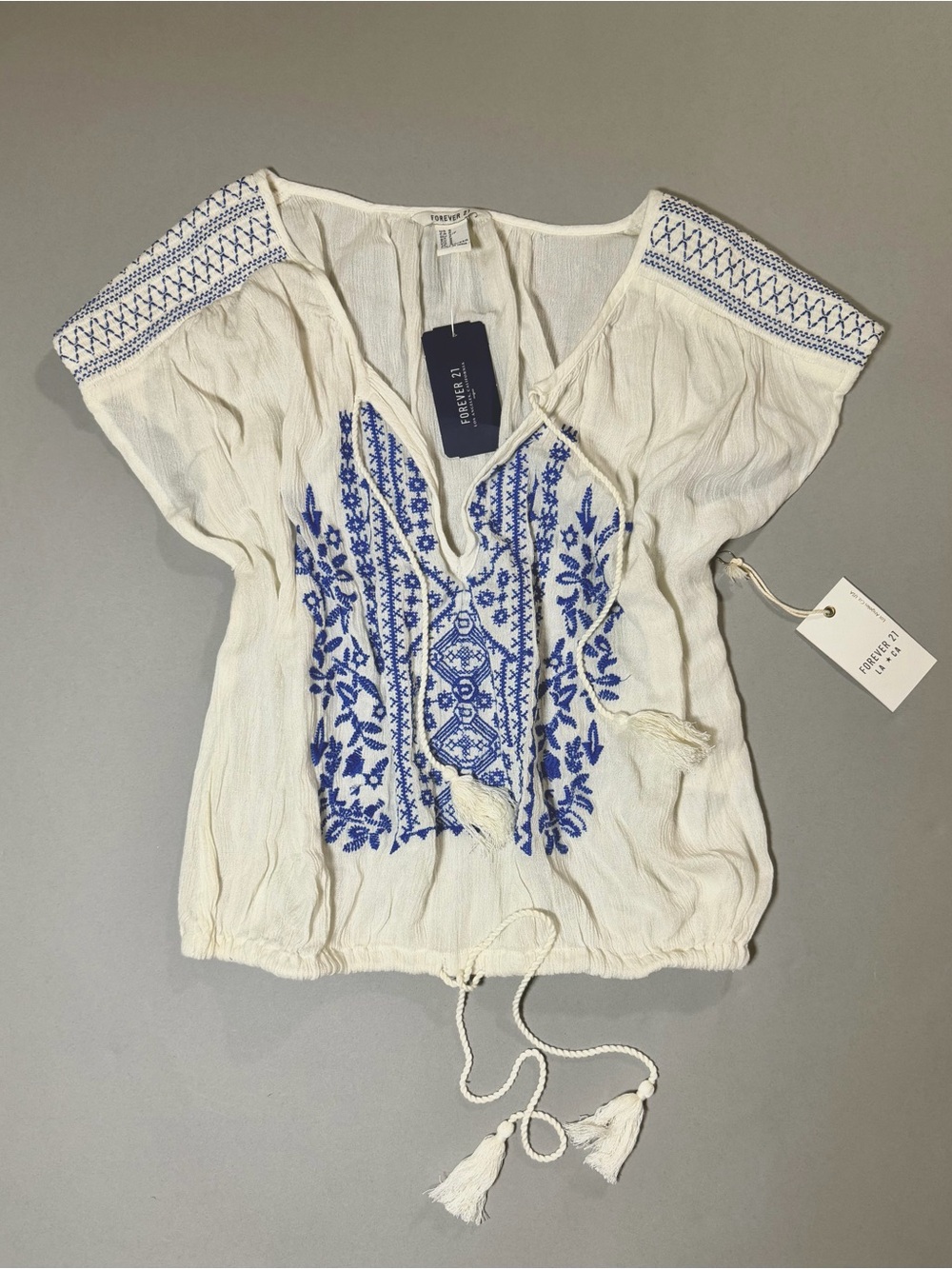 NWT Forever 21 Peasant Blouse with Blue Embroidery